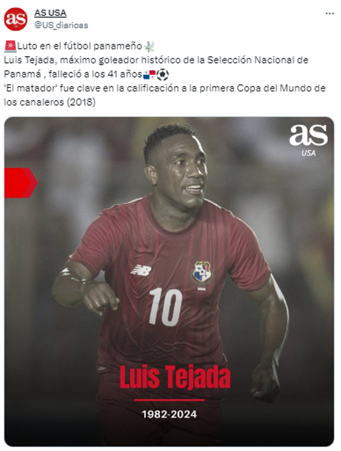 El mensaje de Diario AS tras la noticia de la muerte del futbolista panameño Luis Tejada.