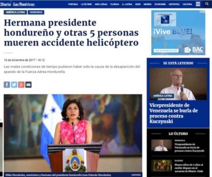 Diario Las Américas: 'Hermana presidente hondureño y otras 5 personas mueren accidente helicóptero'. 'Las malas condiciones de tiempo pudieron haber sido la causa de la desaparición del aparato de la Fuerza Aérea Hondureña'.