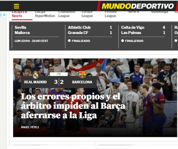 Mundo Deportivo: “Los errores propios y el árbitro impiden al Barcelona aferrarse a la Liga”.