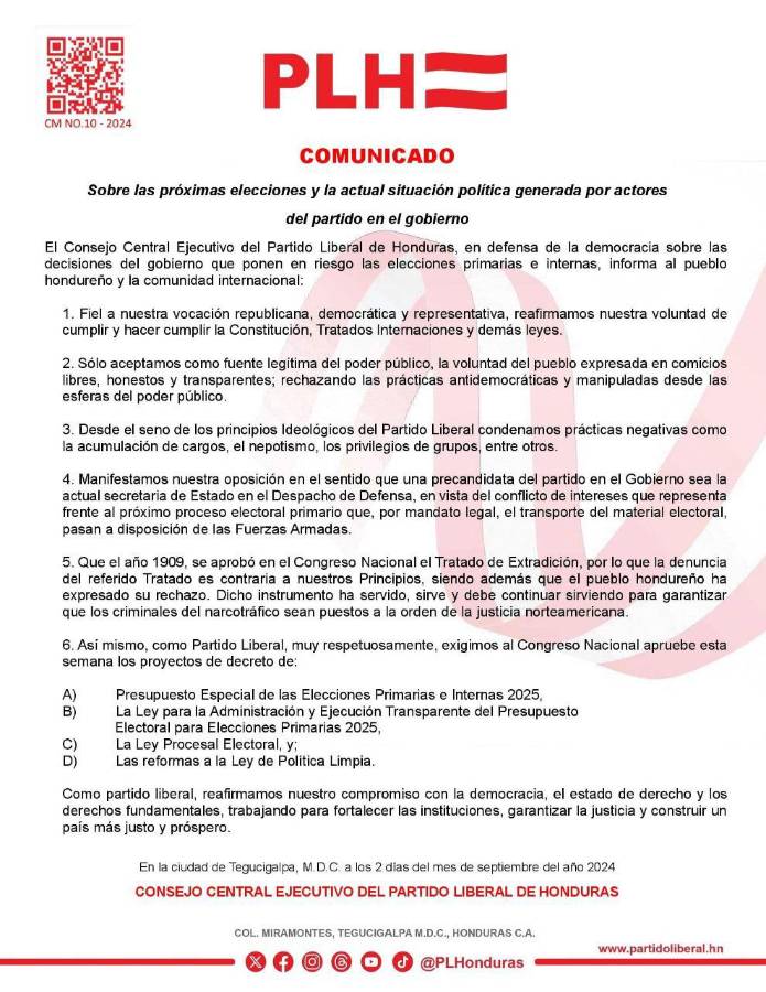 Comunicado oficial de el Partido Liberal.