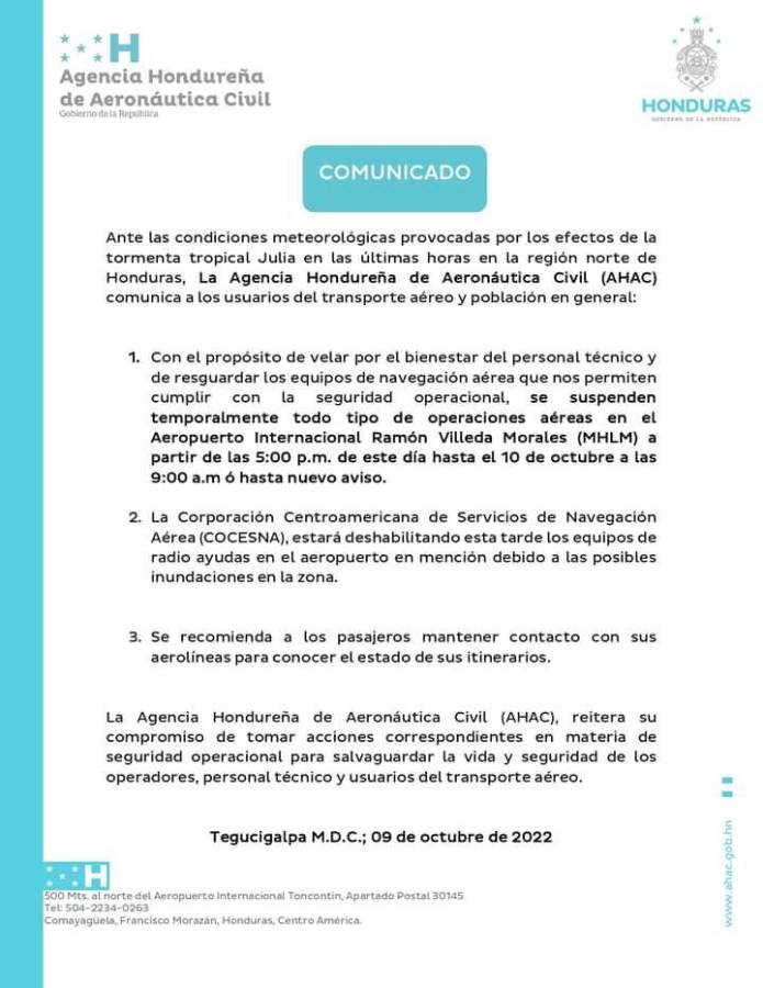Suspenden operaciones en el aeropuerto Ramón Villeda Morales
