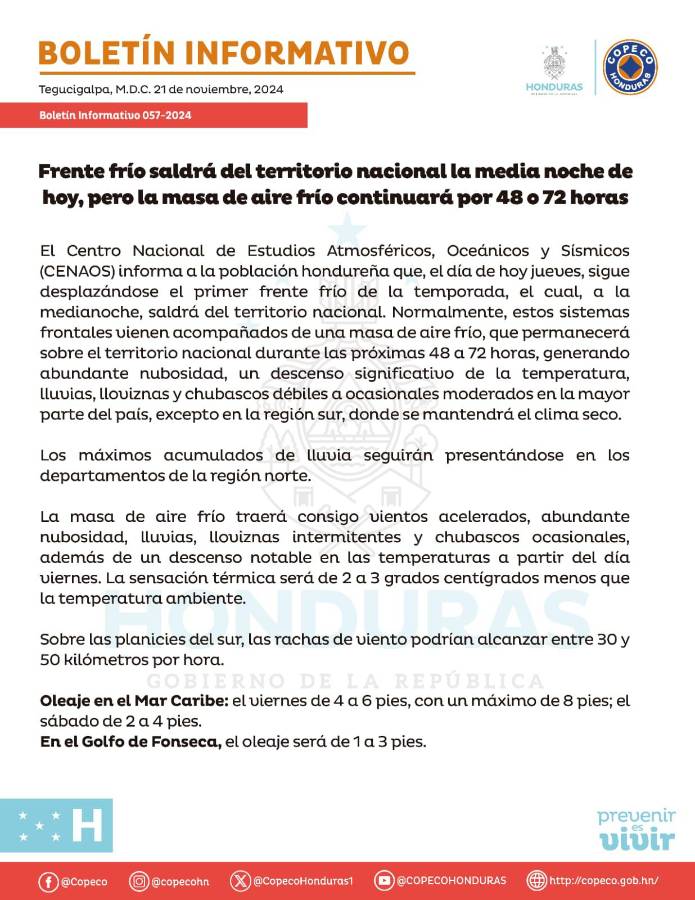 Boletín emitido por Cenaos.