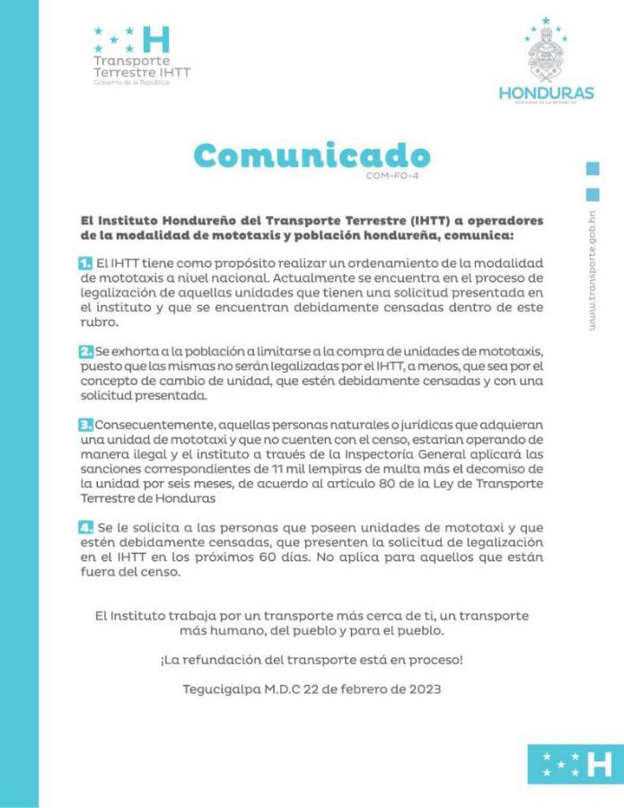 Comunicado del Instituto Hondureño del Transporte Terrestre.