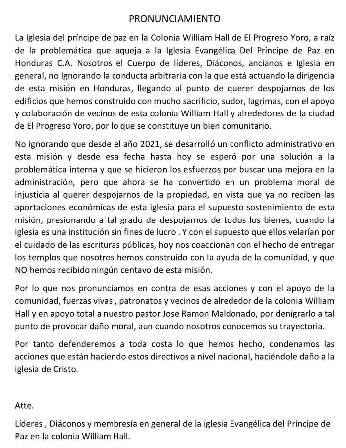 Pronunciamiento emitido el 24 de mayo por la iglesia de la colonia William Hall.