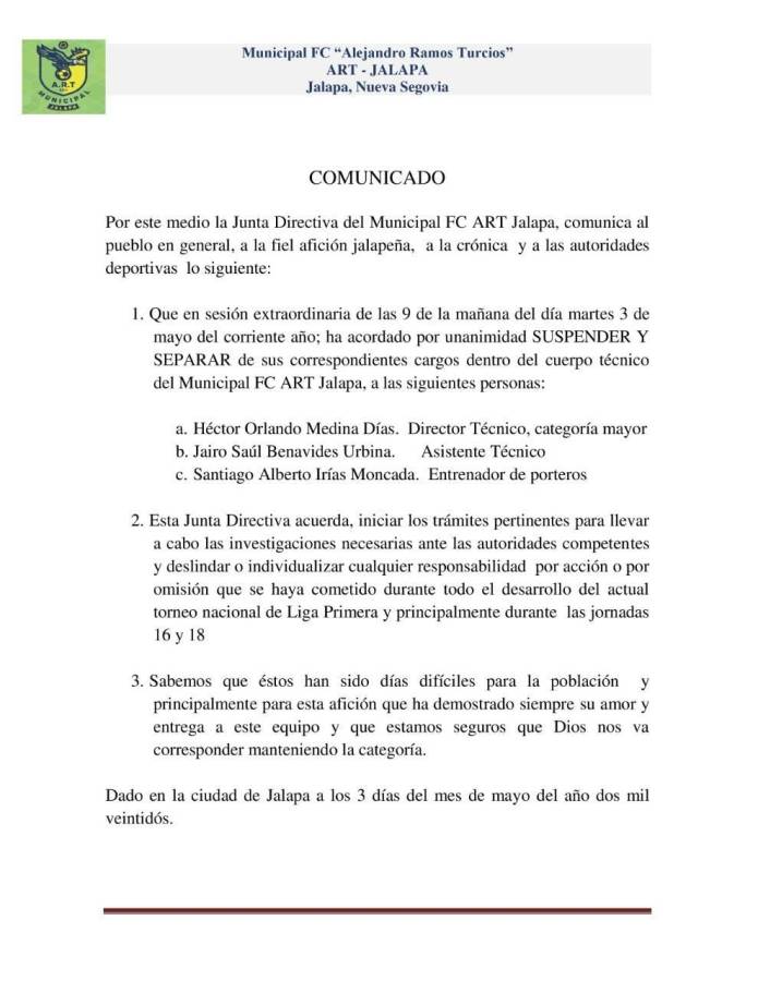 El Jalapa notificó mediante comunicado la salida del entrenador hondureño Héctor Medina y el resto de su cuerpo técnico.