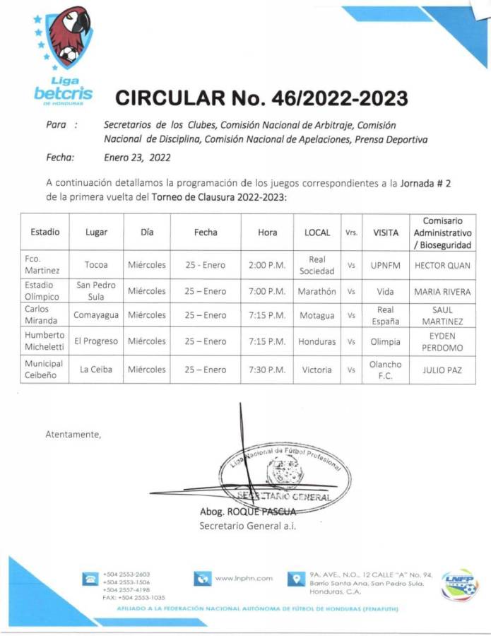 Horarios oficiales de la segunda fecha de la Liga Nacional.