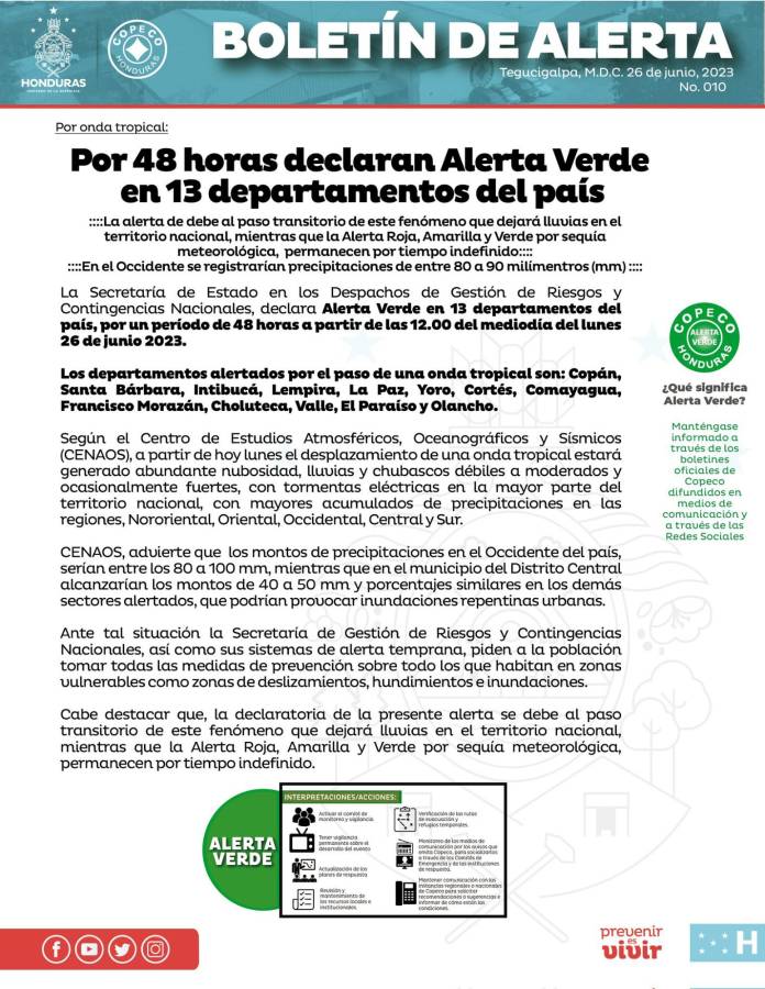 El boletín emitido por Cenaos.