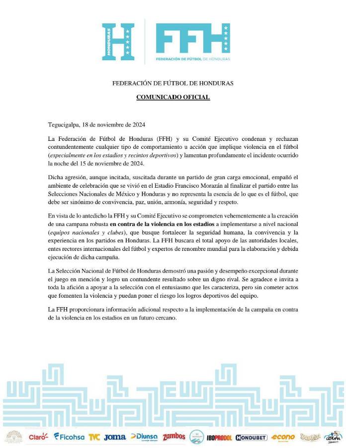 Comunicado de la Federación de Fútbol de Honduras.