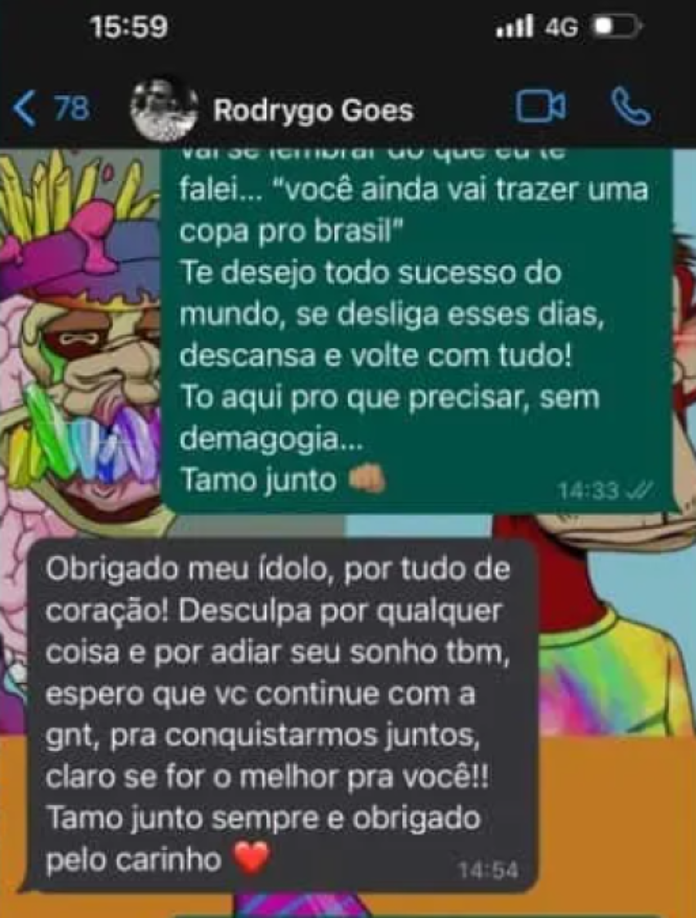 Rodrygo: “Gracias mi ídolo, por todo, de corazón. Perdón por cualquier cosa y por posponer tu sueño también. Espero que sigas con la gente, para conquistar juntos. Claro, si es lo mejor para ti. Estamos juntos siempre y gracias por el cariño”.