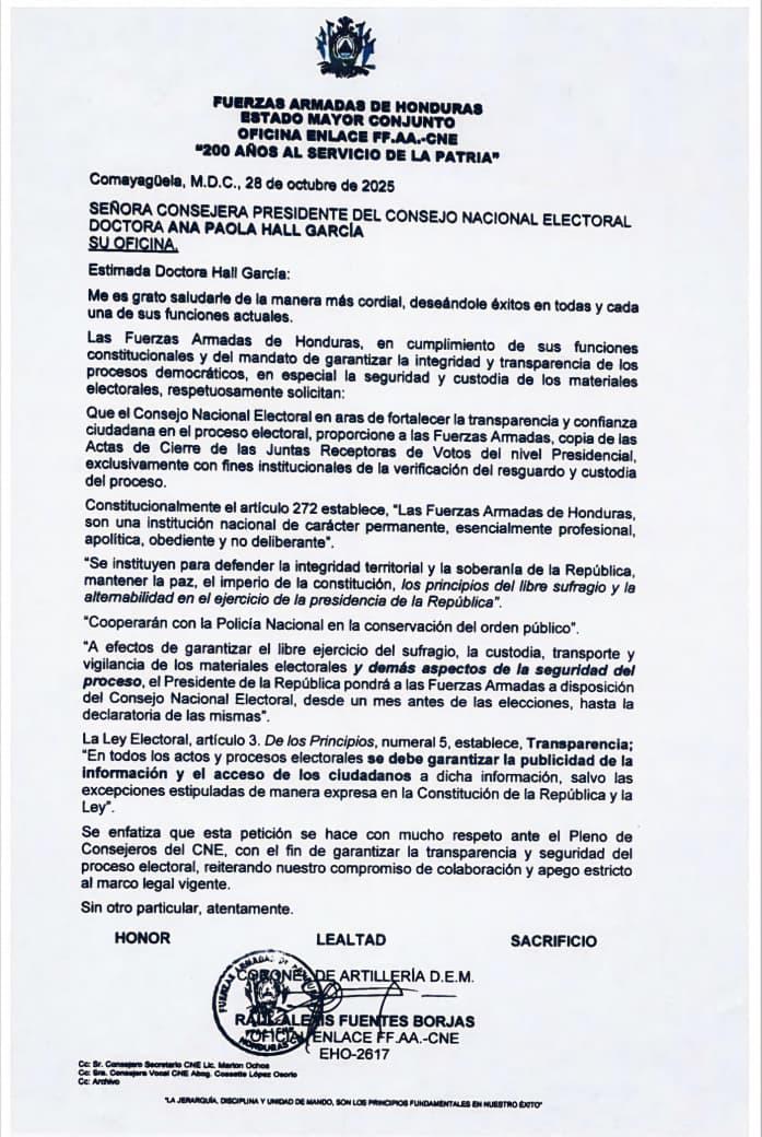 Fuerzas Armadas solicitan al CNE copia de actas