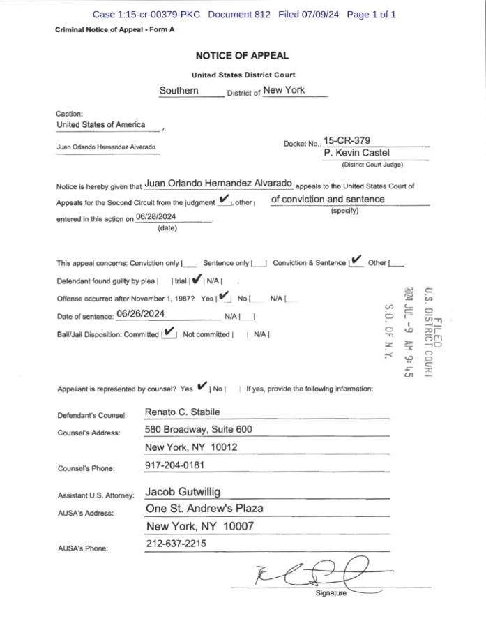 Solicitud de apelación de Juan Orlando Hernández.