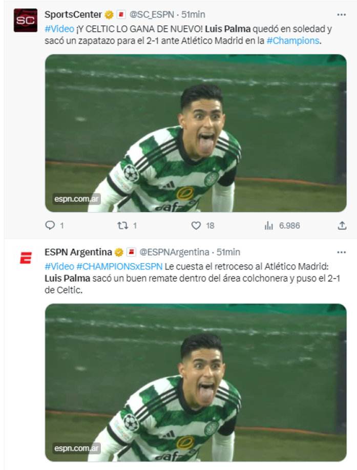 Distintas cuentas de ESPN reaccionaron a la anotación de Palma para el Celtic.