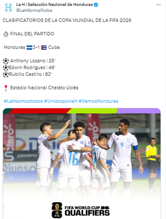 El posteo de la Federación tras el triunfo de Honduras ante Cuba.