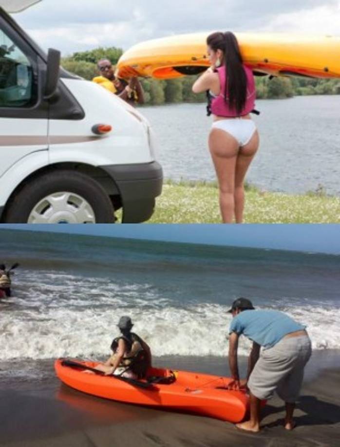 Elsa Oseguera y Kim Kardashian tiene varias similitudes entre ellas es que les gusta la aventura. En la imagen se ven en un kayak.