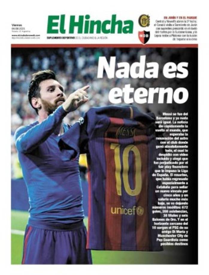Diario El Hincha (Rosario, Argentina) - “Nada es eterno”. “Messi se fue del Barcelona y ya nada será igual”.
