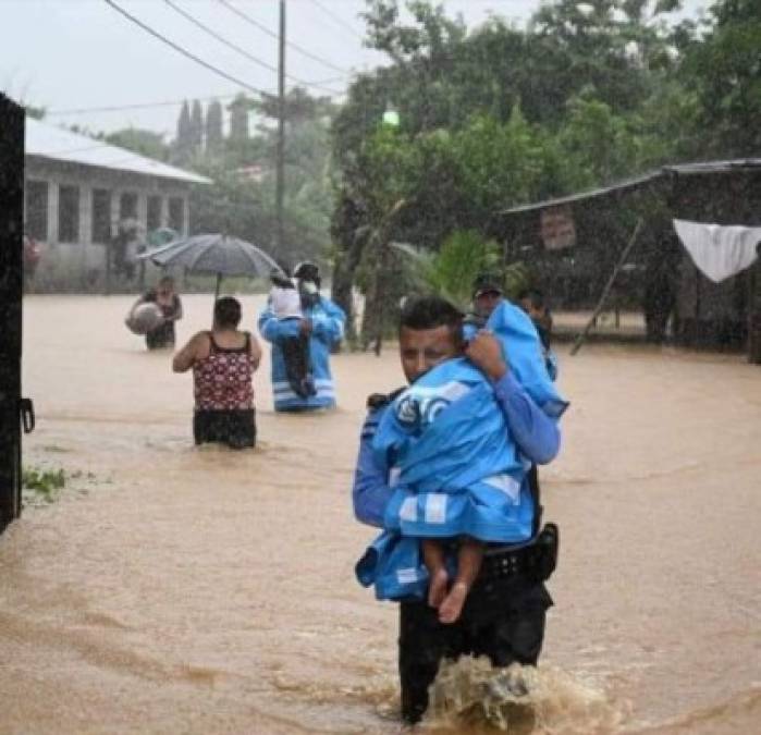 Algunos de los miles de damnificados que ha dejado Eta salen de sus comunidades con maletas o mochilas, otros cargan en brazos a sus hijos pequeños, o ancianos, incluso sus mascotas, de lo poco que pueden sacar de sus casas inundadas.