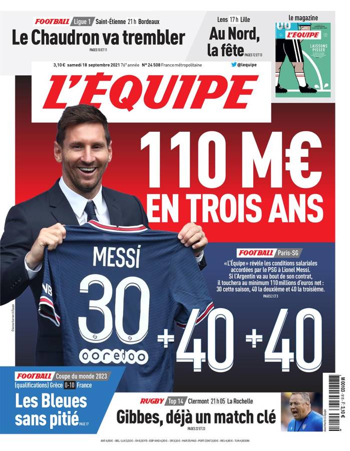 La portada del diario francés L’Equipe revelando las cifras del salario de Messi con el PSG.