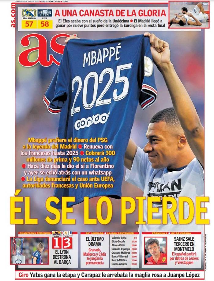 Diario As (España) - “Él se lo pierde”. “Mbappé prefiere el dinero del PSG a la leyenda del Madrid”, agrega.
