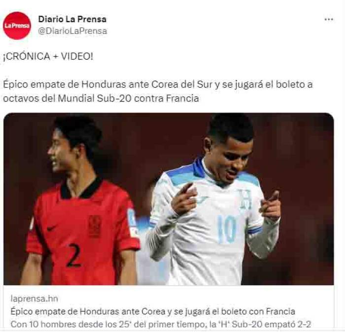 ”Épico empate de Honduras ante Corea del Sur y se jugará el boleto a octavos de final a octavos del Mundial Sub-20 de Francia.”, catalogamos en Diario LA PRENSA.