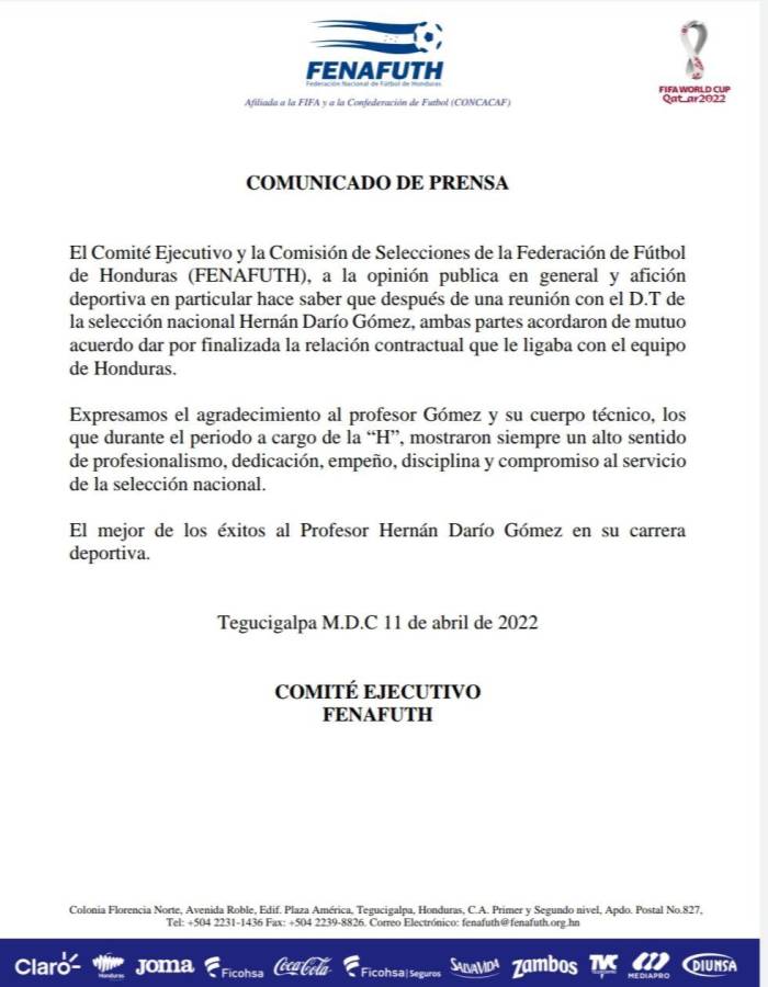 El comunicado íntegro de la Fenafuth en donde anuncia la salida del “Bolillo” Gómez.