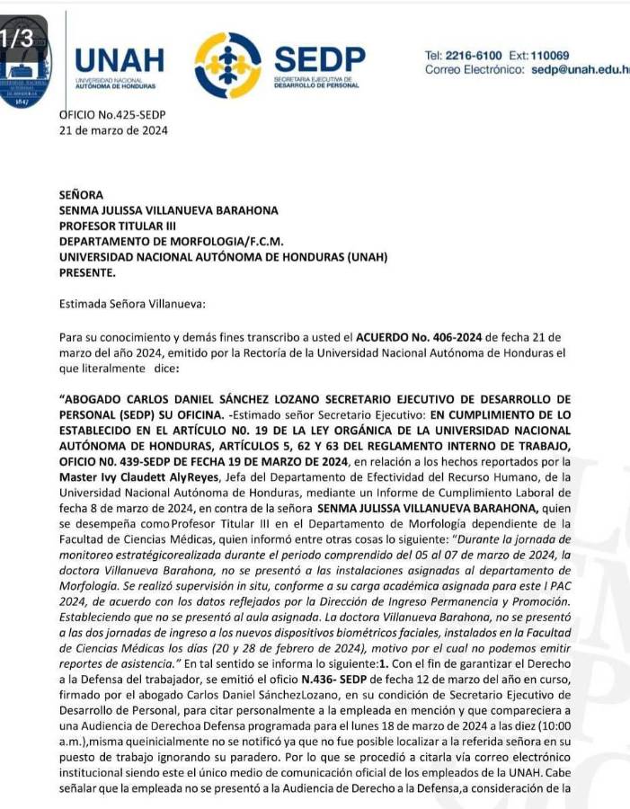 Oficio de la Unah sobre inasistencia de Julissa Villanueva en la Unah.