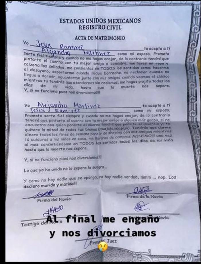 Esta es “el acta del matrimonio” que firmaron “los novios”. El video tiene más millón y medio de reproduciones en Tiktok.