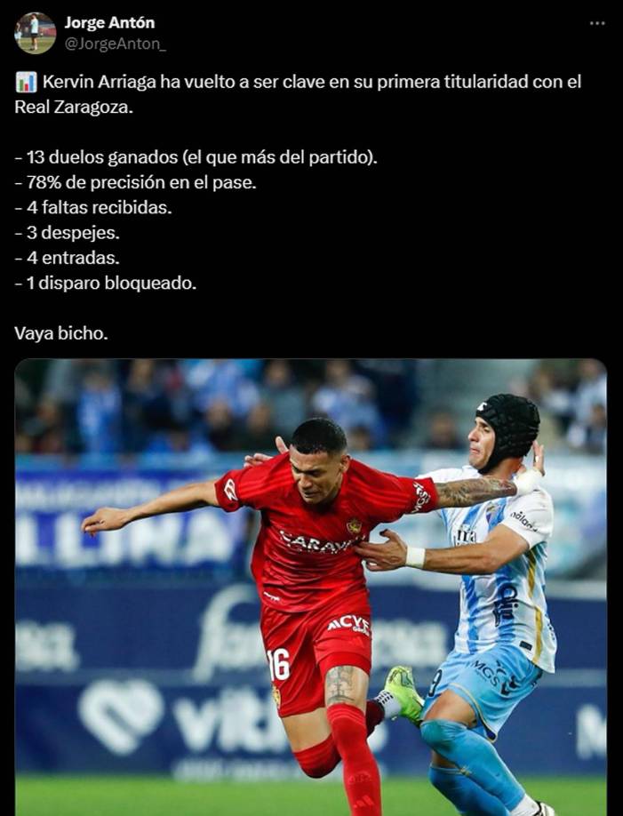 Jorge Antón, periodista y entrenador UEFA, alabó el trabajo de Kervin Arriaga. Ha vuelto a ser clave en su primera titularidad con el Real Zaragoza. Vaya Bicho”.