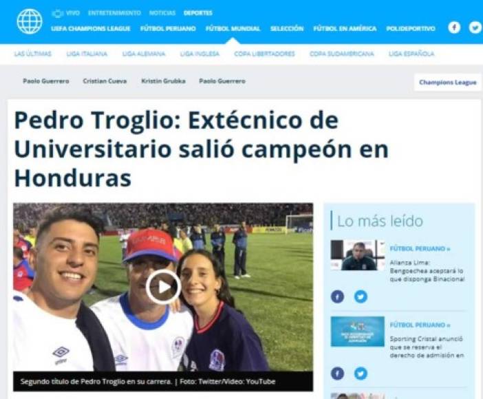 América TV de Perú - 'Pedro Troglio: Extécnico de Universitario salió campeón en Honduras'. 'Olimpia, con Pedro Troglio como DT, se coronó en el Apertura de Honduras'.