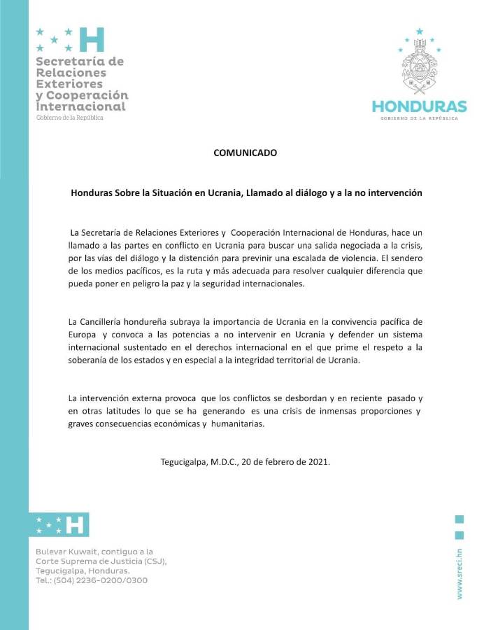 Honduras llama al diálogo a las partes en conflicto en Ucrania