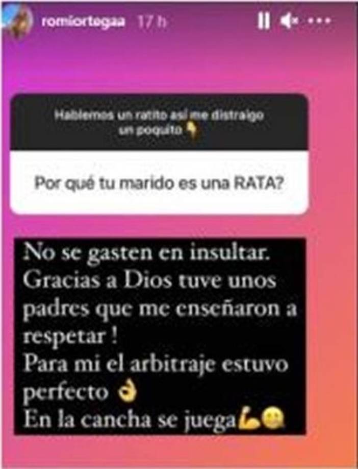 “¿Por qué tu marido es una rata?”, fue uno de los ácidos comentarios que le hicieron a la modelo, quien respondió con tranquilidad. A manera de espaldarazo, la esposa del árbitro Pitana dijo: “No se gasten en insultar. Gracias a Dios tuve unos padres que me enseñaron a respetar. Para mí, el arbitraje estuvo perfecto. En la cancha se juega”.