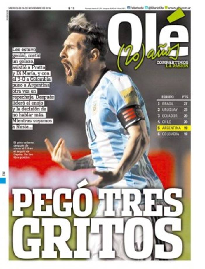 Y en Argentina se rinden a los pies de Messi tras la goleada de 3-0 que le propinaron a Colombia. La 'pulga' marcó un golazo y luego dio dos asistencias.