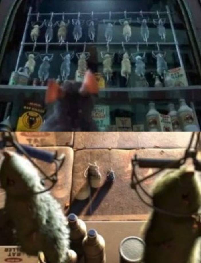 El instante en que Remy y su padre, en “Ratatouille”, miran una máquina llena de ratas colgadas y muertas.