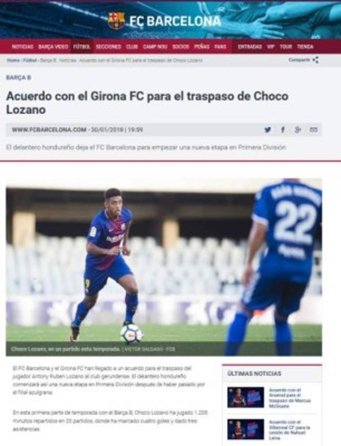 El Barcelona B emitió este comunicado sobre el hondureño.