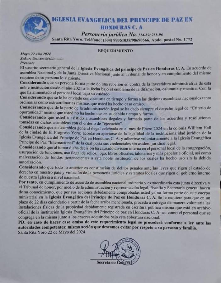 Fotografía del requerimiento enviado a uno de los pastores.