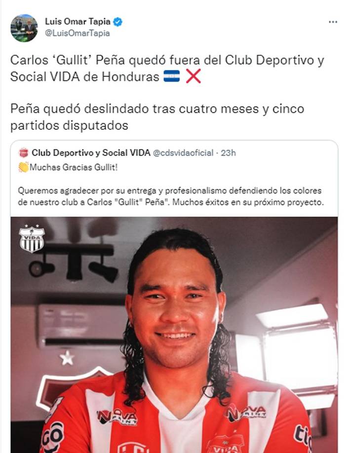El famoso periodista Luis Omar Tapia - “Carlos ‘Gullit’ Peña quedó fuera del Club Deportivo y Social VIDA de Honduras”.