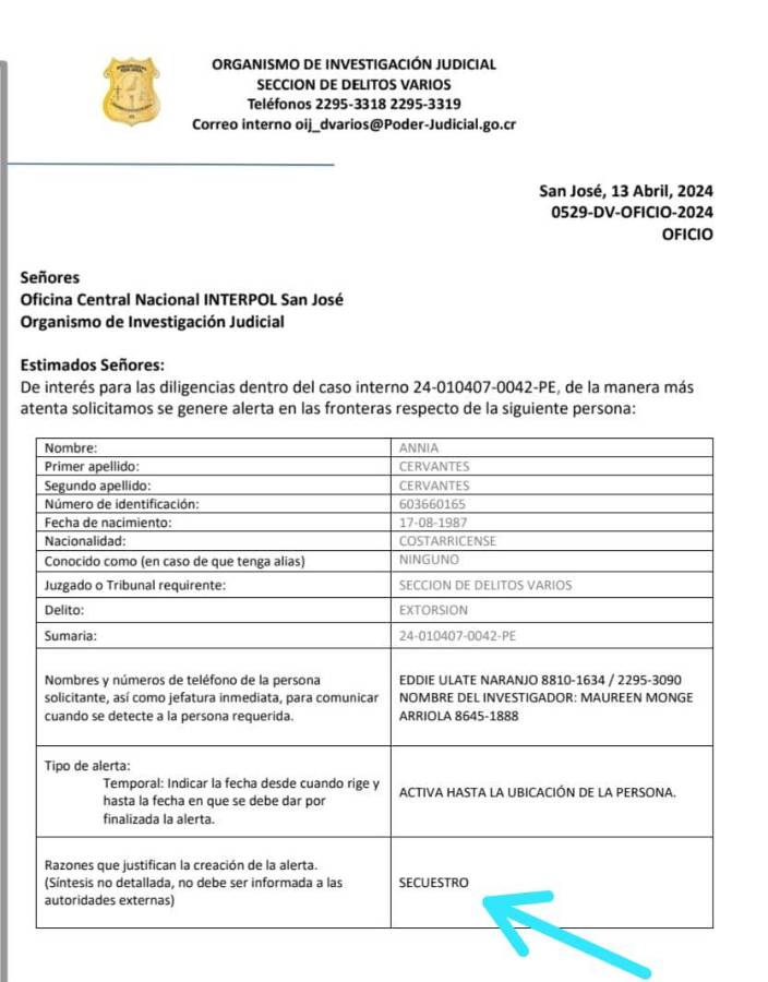 Esta es la alerta que había enviado la Interpol de Costa Rica.