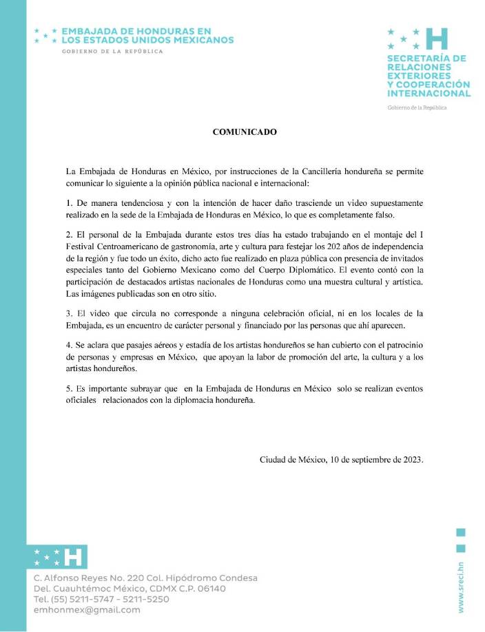 Comunicado de las autoridades respecto a una fiesta supuestamente organizada en las oficinas de la embajada de Honduras en México. 