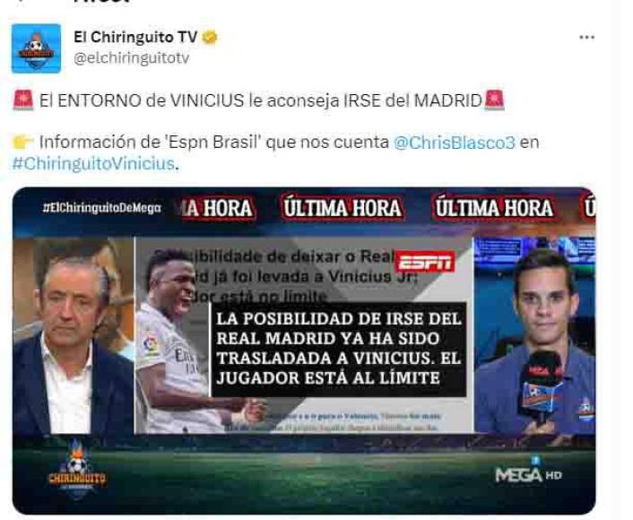 ”El entorno de Vinicius le aconseja irse del Madrid”, señala El Chiringuito.