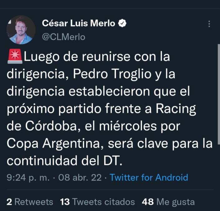 La prensa de Argentina informa que Pedro Troglio tiene ultimátum: Si cae el próximo miércoles por la Copa Argentina será cesado del banquillo.