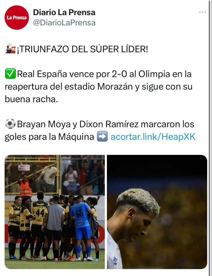 ”Triunfazo del súper líder”, fue el titular de Diario La Prensa sobre el gane de Real España ante Olimpia.