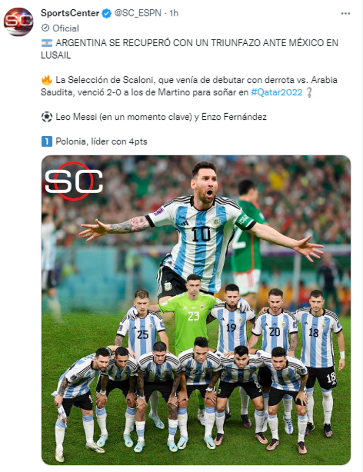 Por su parte Sports Center valoró el triunfo de Argentina.