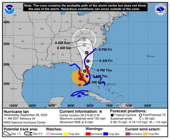 En el gráfico de trayectoria, la zona de impacto se sitúa más al norte, en la bahía de Tampa, área en donde ya se registran vientos con fuerza de tormenta tropical y se han producido cortes de energía.