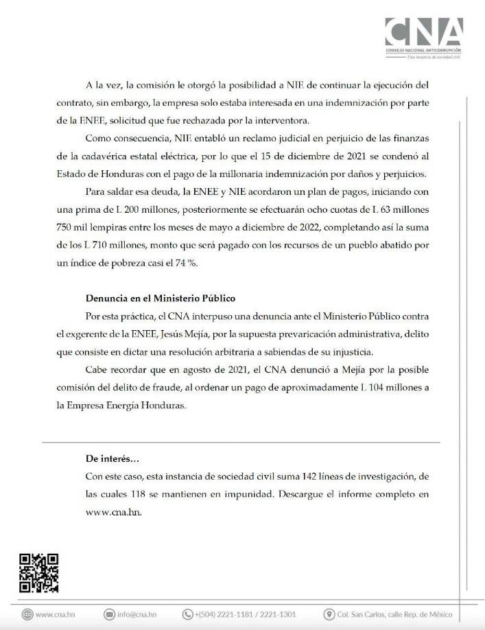 Comunicado del CNA sobre la línea de investigación que involucra a Jesús Mejía, exgerente de la ENEE. 
