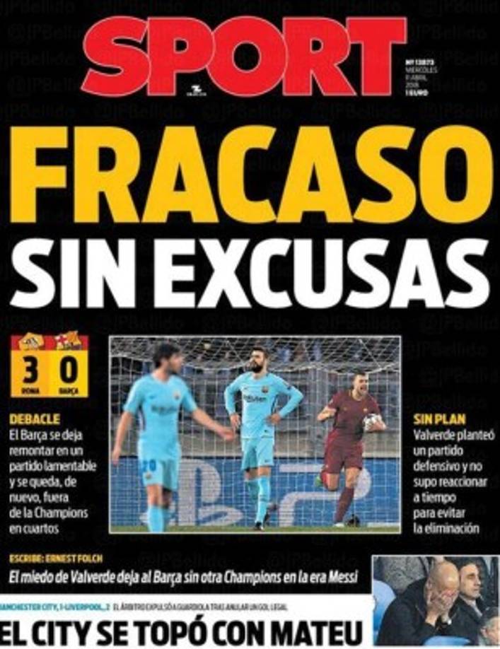 Medios catalanes colocaron portadas negras por la caída del principal club de la región. Diario Sport había señalado que la Roma sería un Bombón.