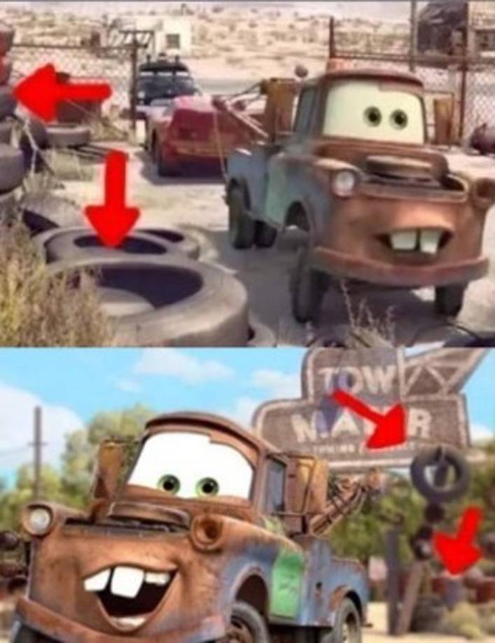 Cuando Mater de “Cars” dice que vive en el cementerio de autos.