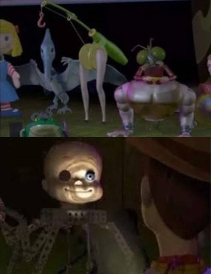 Cuando en “Toy Story” los jueguetes del niño Sid están sintiendo todas las torturas. Los explota, quema y otras cosas terribles, y ellos sienten todo