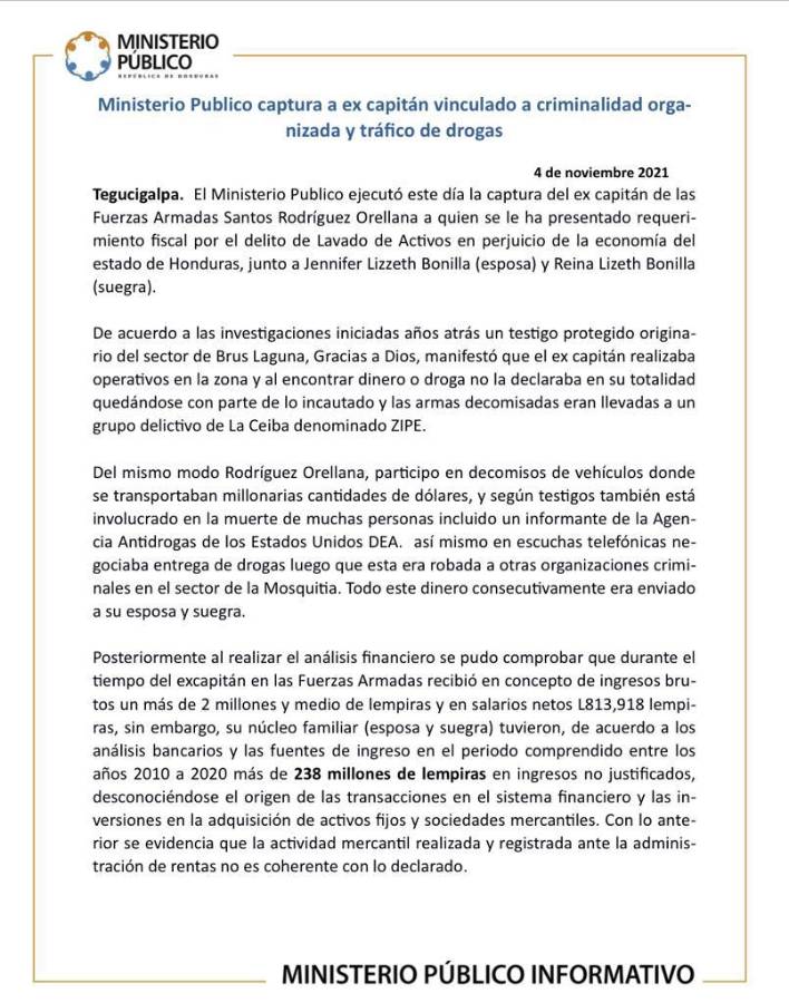 Comunicado emitido por el Ministerio Publico.