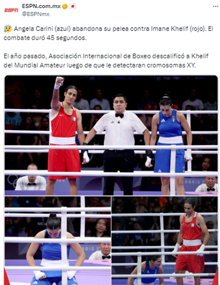 Medios internacionales replicaron la noticia. ESPN: “El año pasado, la Asociación Internacional de Boxeo descalificó a Khelif del Mundial Amateur luego de que le detectaron cromosomas XY”.