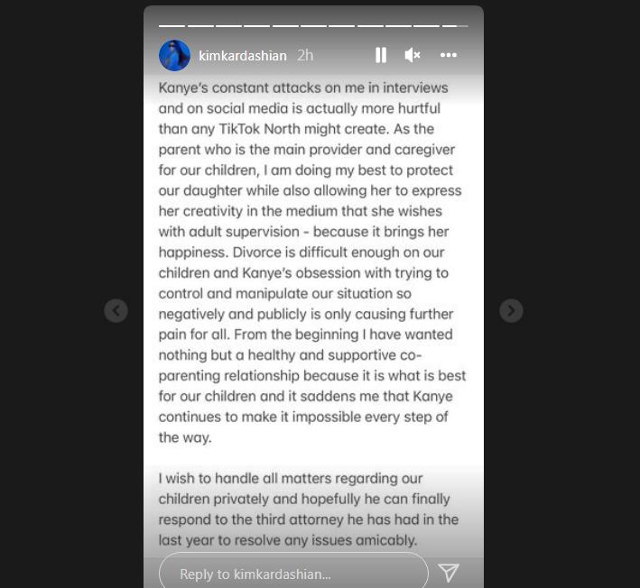 Kim Kardashian ha roto el silencio en redes sociales. La famosa publicó este mensaje para pedir a su exesposo que manejen sus asuntos en privado.