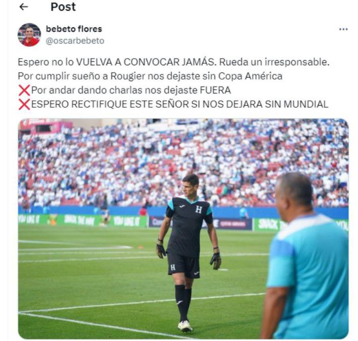 ”Espero no lo vuelva a convocar jamás. Rueda es un irresponsable, por cumplir sueño a Rougier nos dejastes sin Copa América”, cuestionó el periodista Bebeto Flores.